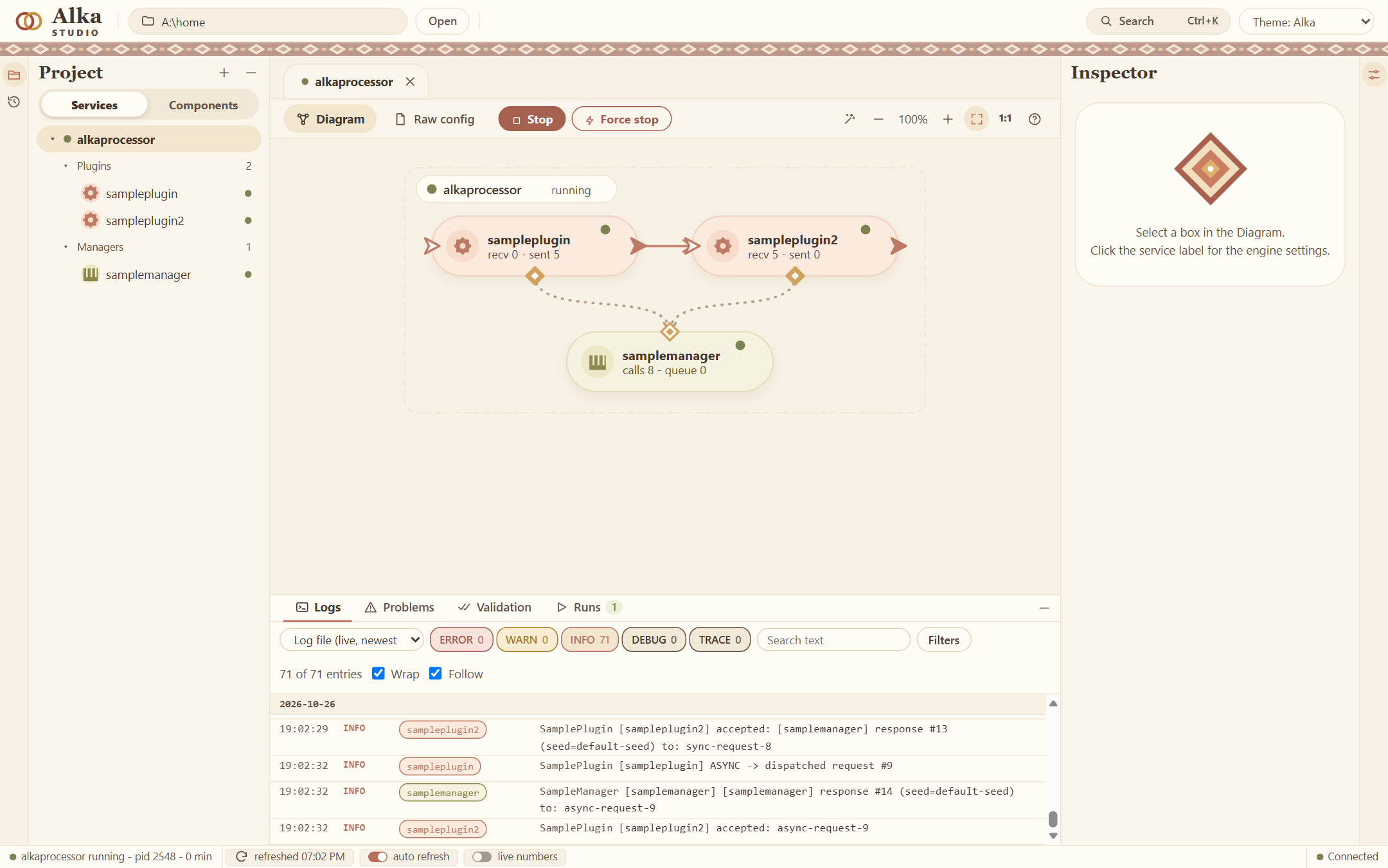 Alka Studio with the demo service running: two plugins and a manager in a diagram, the log below