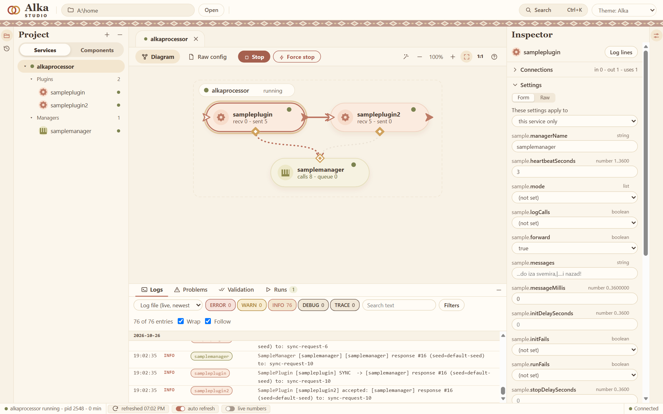 Alka Studio with a plugin selected: its settings as a form on the right